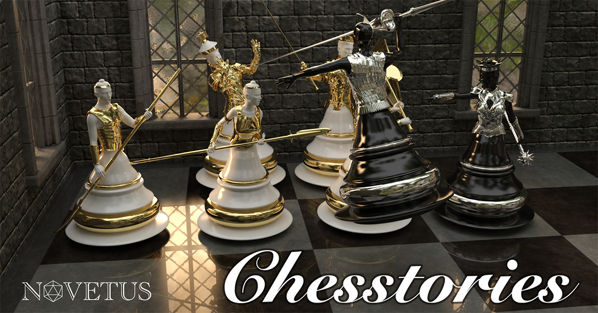 Anthropomorphic chess pieces fighting in the corner of the board.